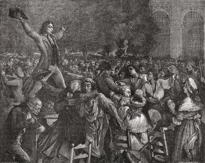 Camille Desmoulins speaking at the Palais Royal, 12 July 1789, engraved by Pierre Gabriel Berthault by French School